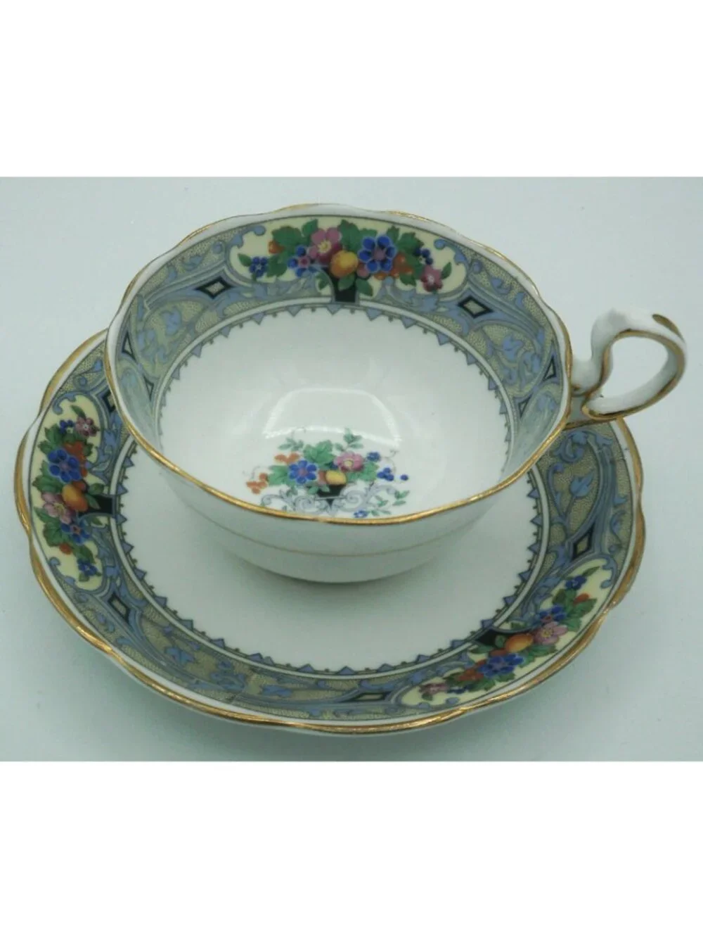Royal Albert Teacup Saucer Set Art Deco Crown China Fruit Flowers Cameo Border